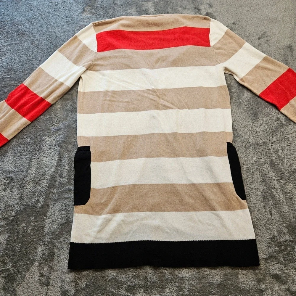 Joan‎ Vass Womens Striped Longline Cotton Cardigan Sweater Red Tan Black Size M